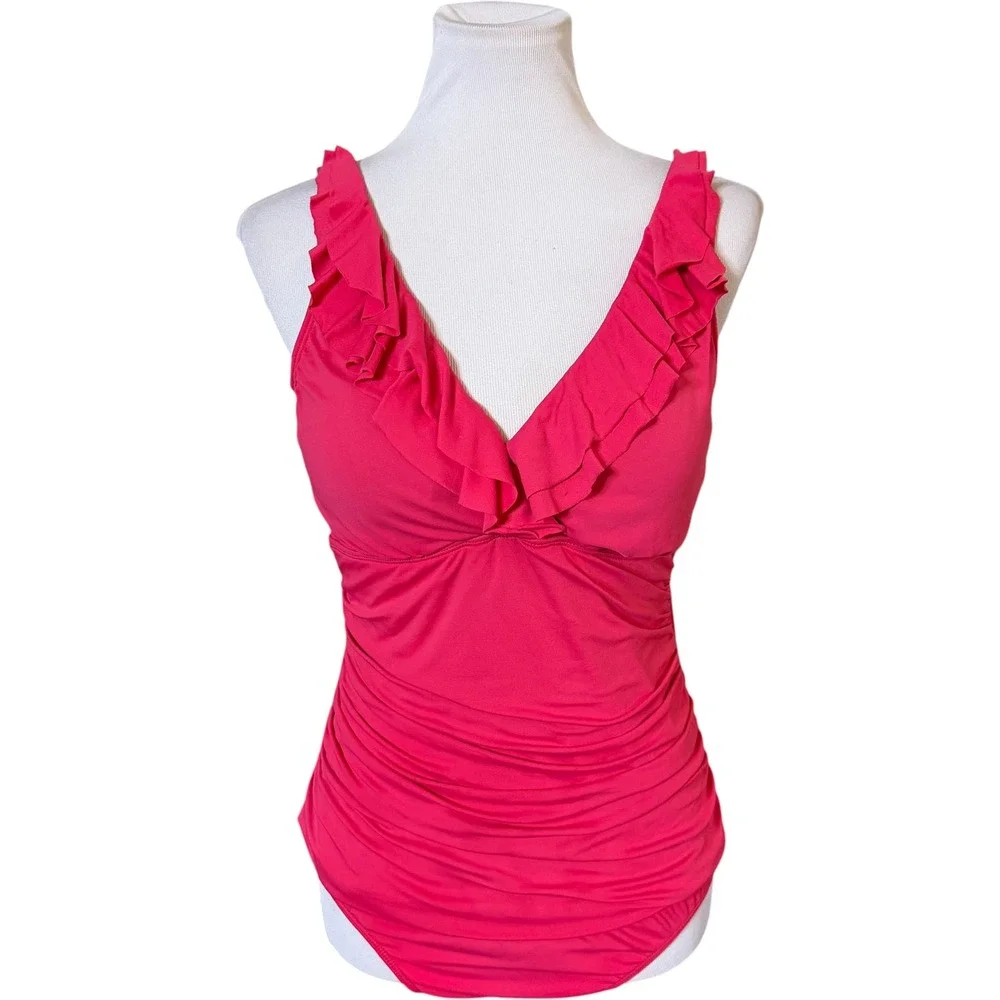 Lauren Ralph Lauren One Piece Swimsuit Womens 10 Pink Ruched Ruffle‎ V-Neck Slim
